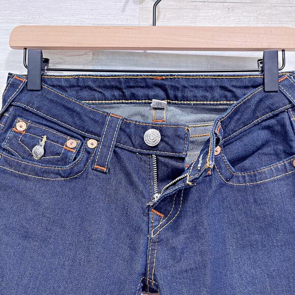 True Religion Flap Boot Cut Jeans Blue Dark Wash Low Rise Stretch Womens 27 - Picture 3 of 10